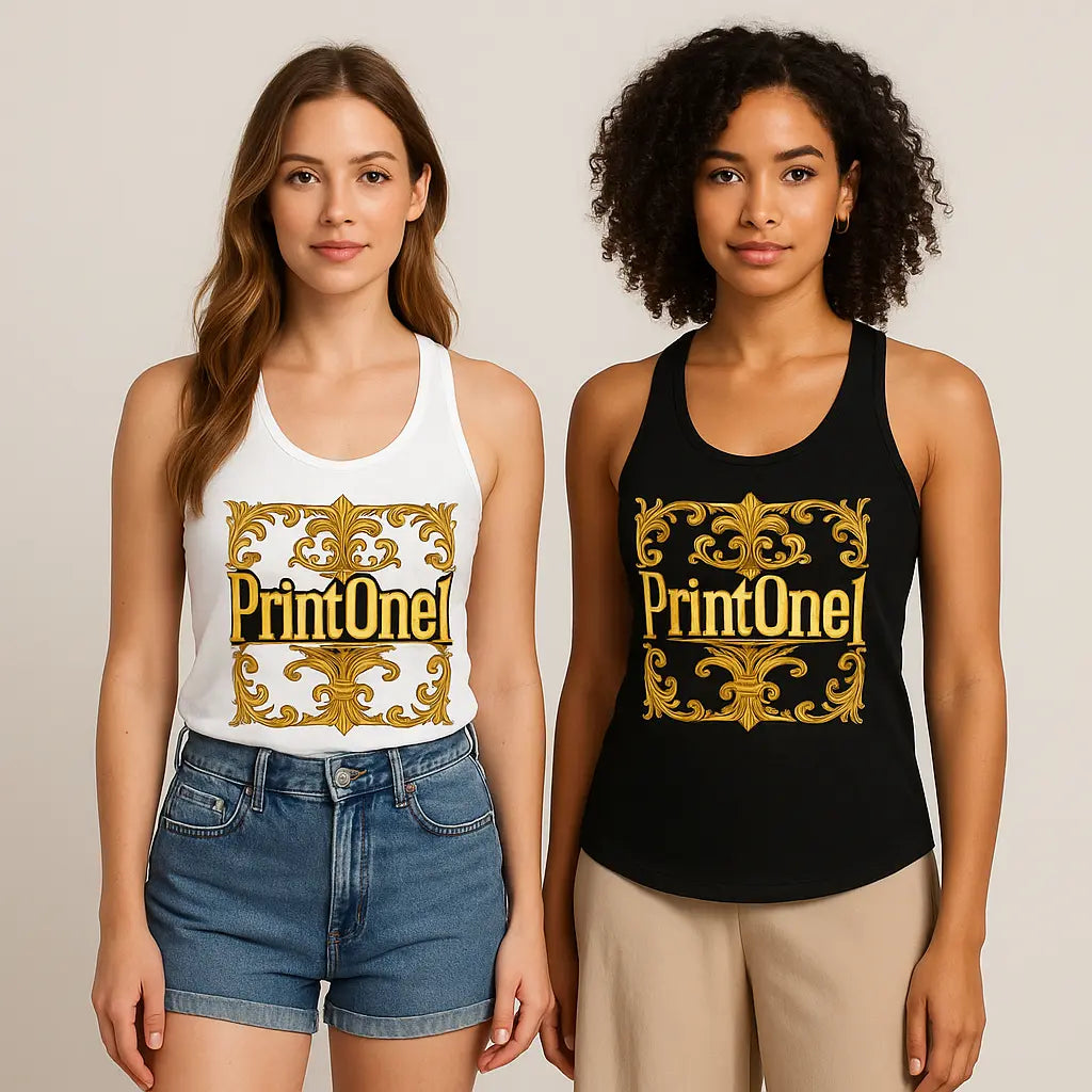 Two women wearing PrintOne1 racerback tank tops in black and white, showcasing casual summer style.

