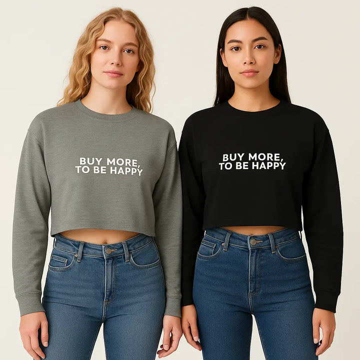 Side-by-side image of two models showcasing casual cropped sweatshirts in gray and black with a bold printed message, ideal for eCommerce apparel display.

