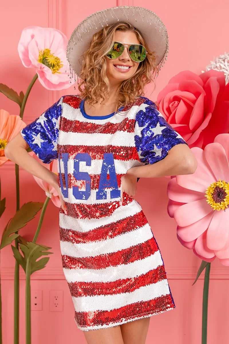USA flag sequin dress hanging on white background for display

