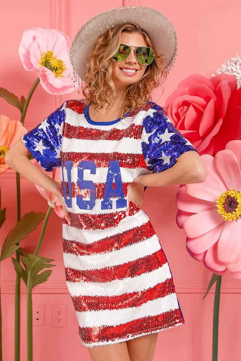 USA Flag Sequin Dress - Patriotic Sparkle for July 4th