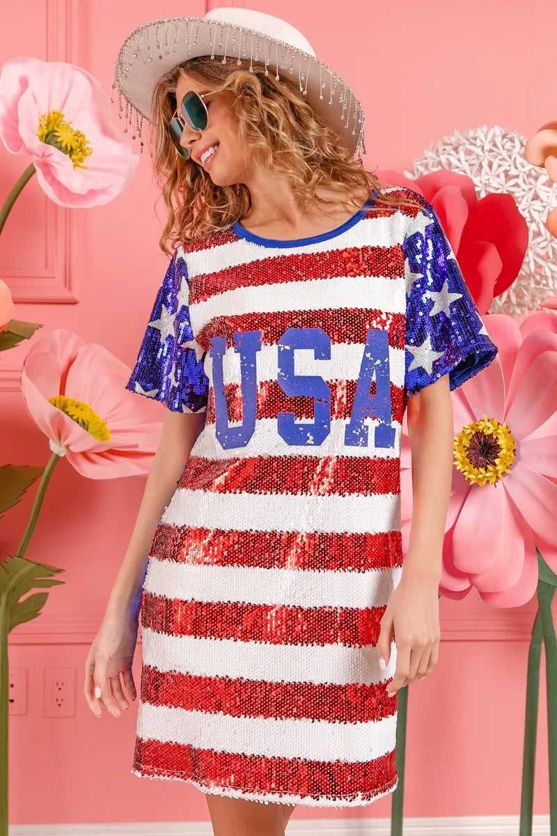 BiBi sleeveless USA flag sequin dress shown with accessories

