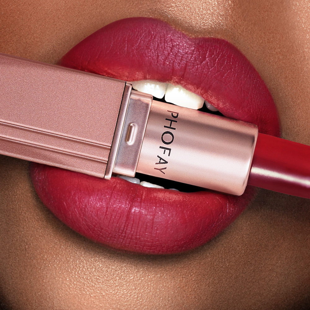 Unboxing the sleek Phofay Matte Lipstick, revealing the high-quality cream formula designed for effortless application and a stunning matte look.

