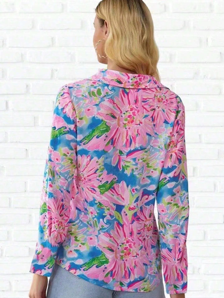 Unbuttoned Floral Print Button-Down Shirt – Romantic Layers for Office or Outings (78 characters)