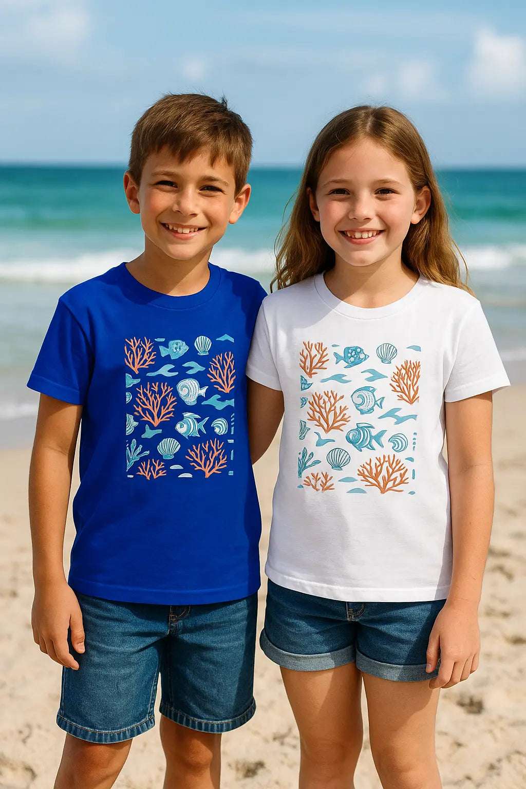 Under the Sea Kids Tee with coral print displayed flat on white background

