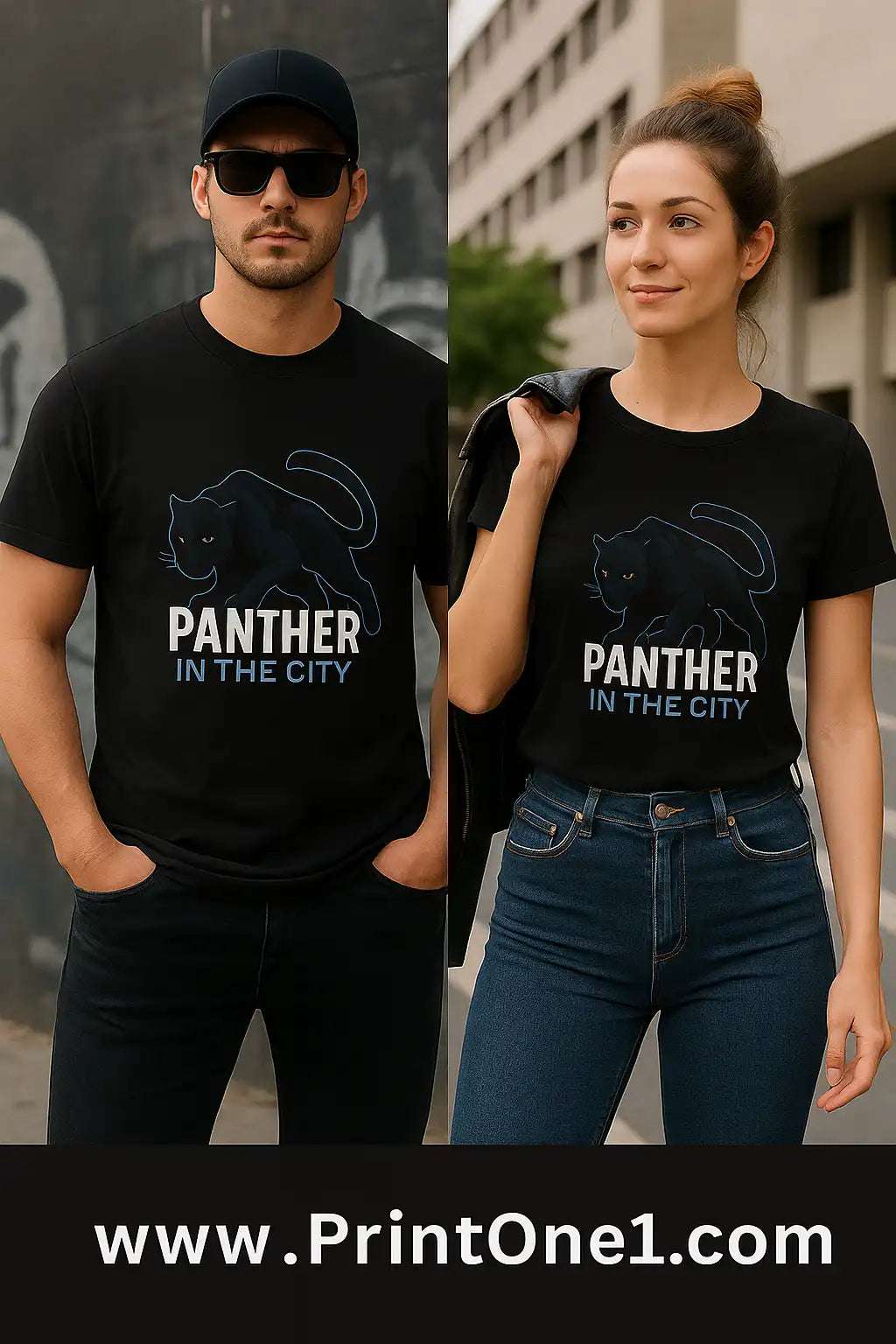 Urban streetwear models showcasing Panther in the City T-shirts in real city setting
