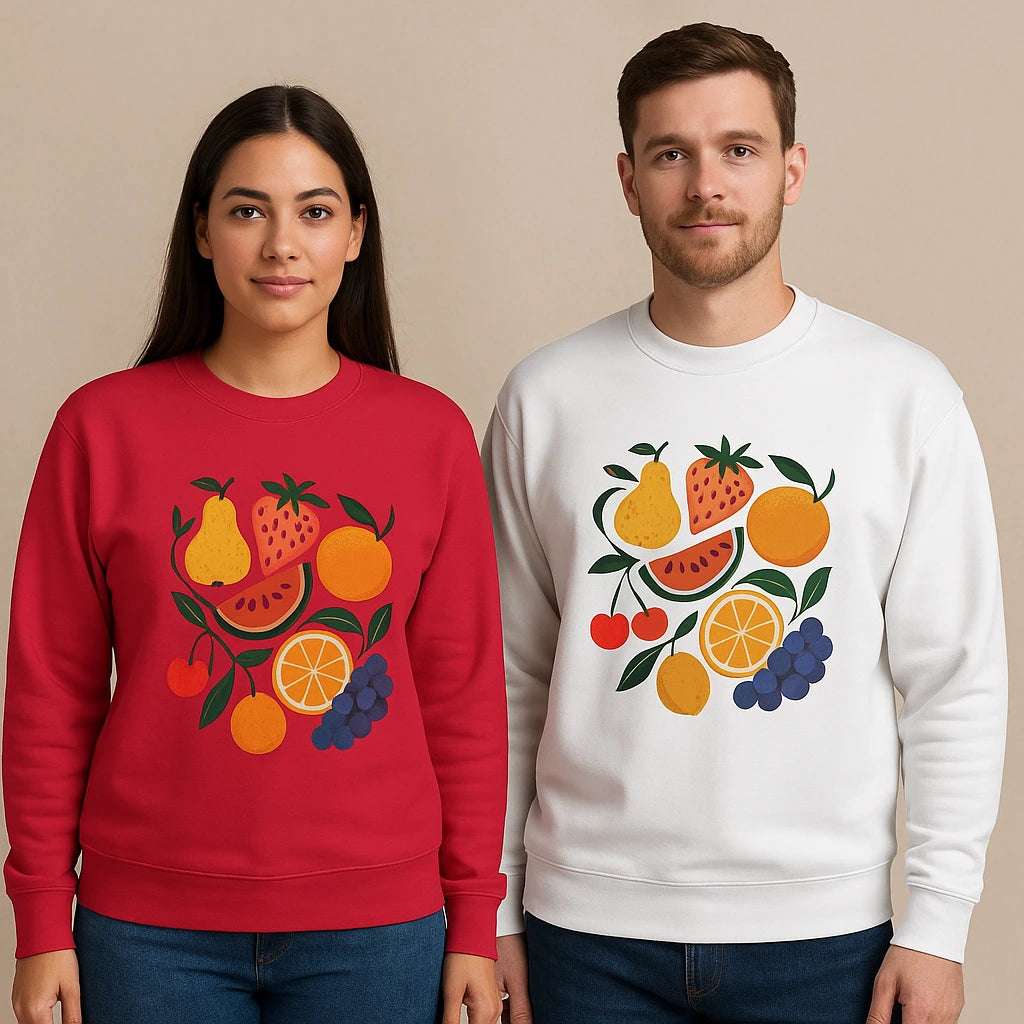 Cheerful fruit print sweatshirt, cozy cotton blend, perfect for relaxed daily style

