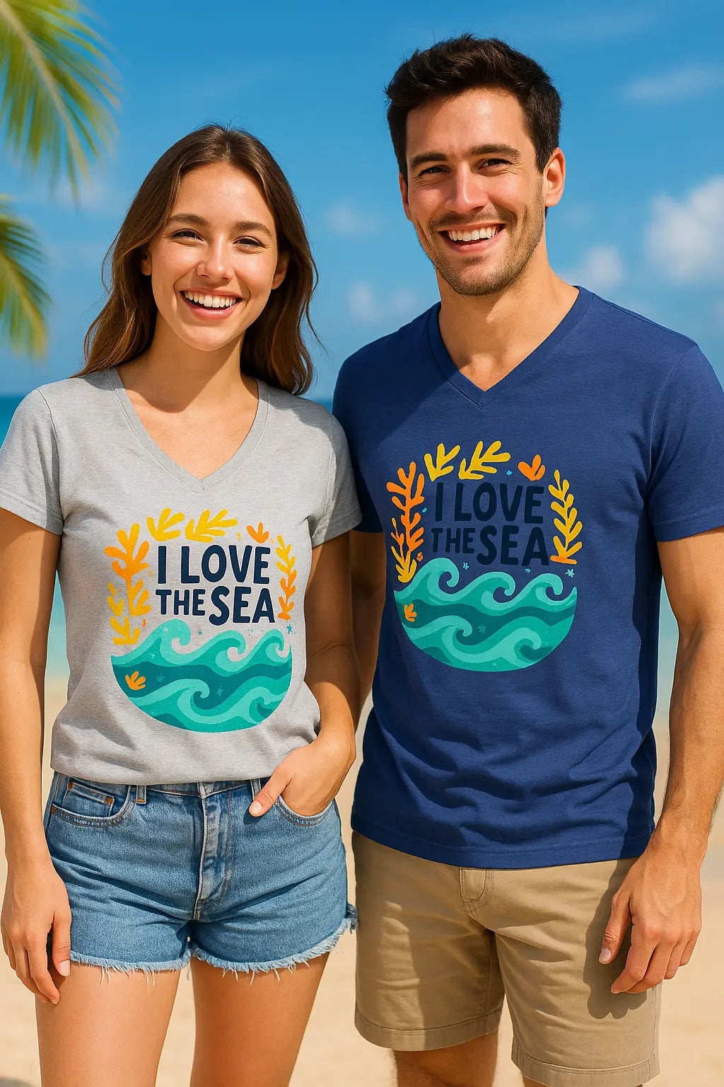 Unisex Ocean Love V-Neck Tee with “I Love the Sea” print, perfect for beach lovers and summer outfits

