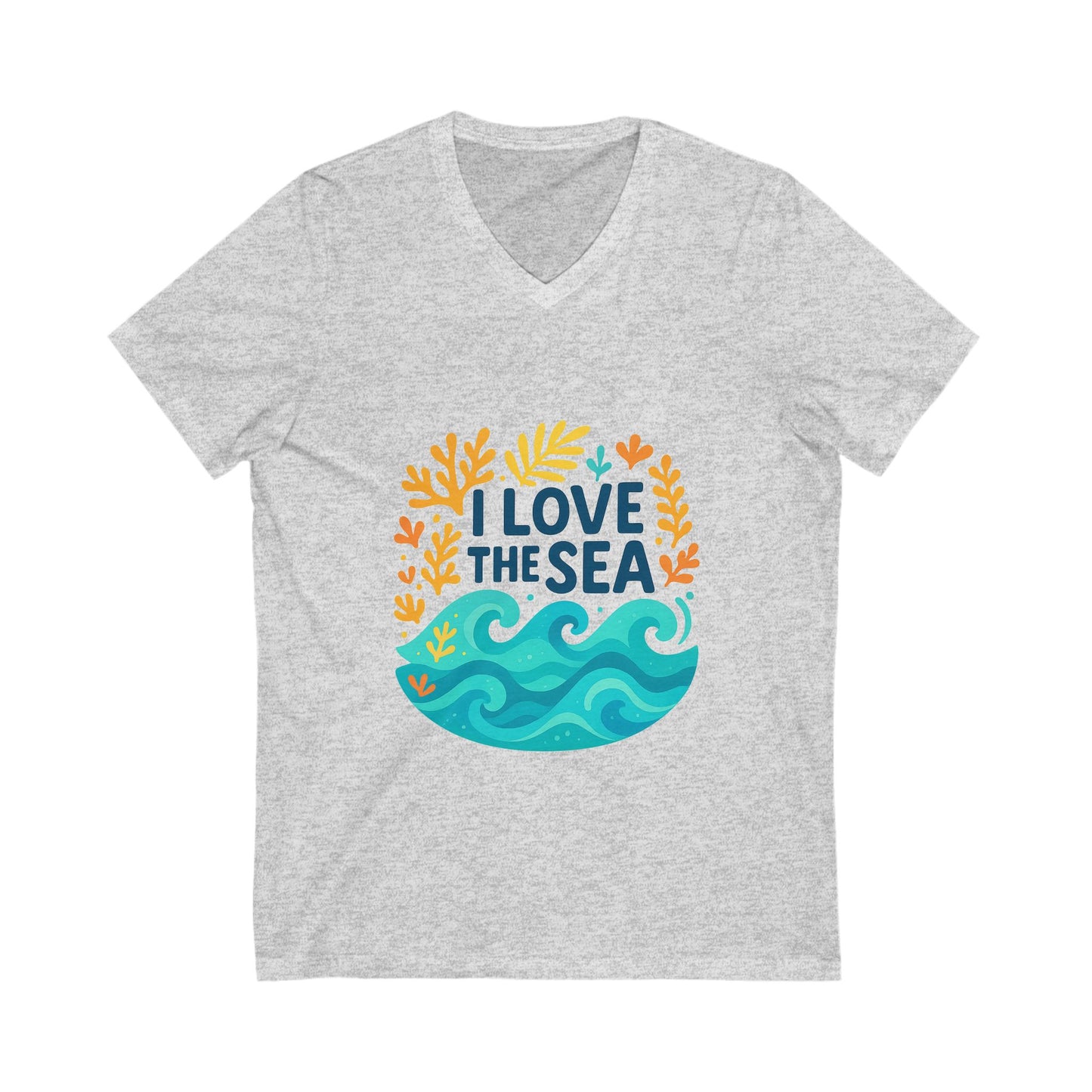 Unisex Ocean Love V-Neck Tee with “I Love the Sea” slogan, ideal for summer beach days

