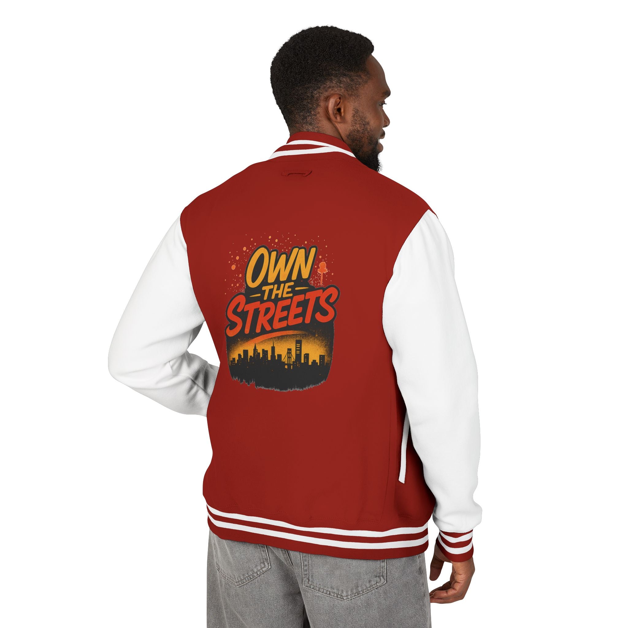 Unisex heavyweight letterman jacket in deep navy, styled casually with jeans and sneakers for a timeless everyday look

