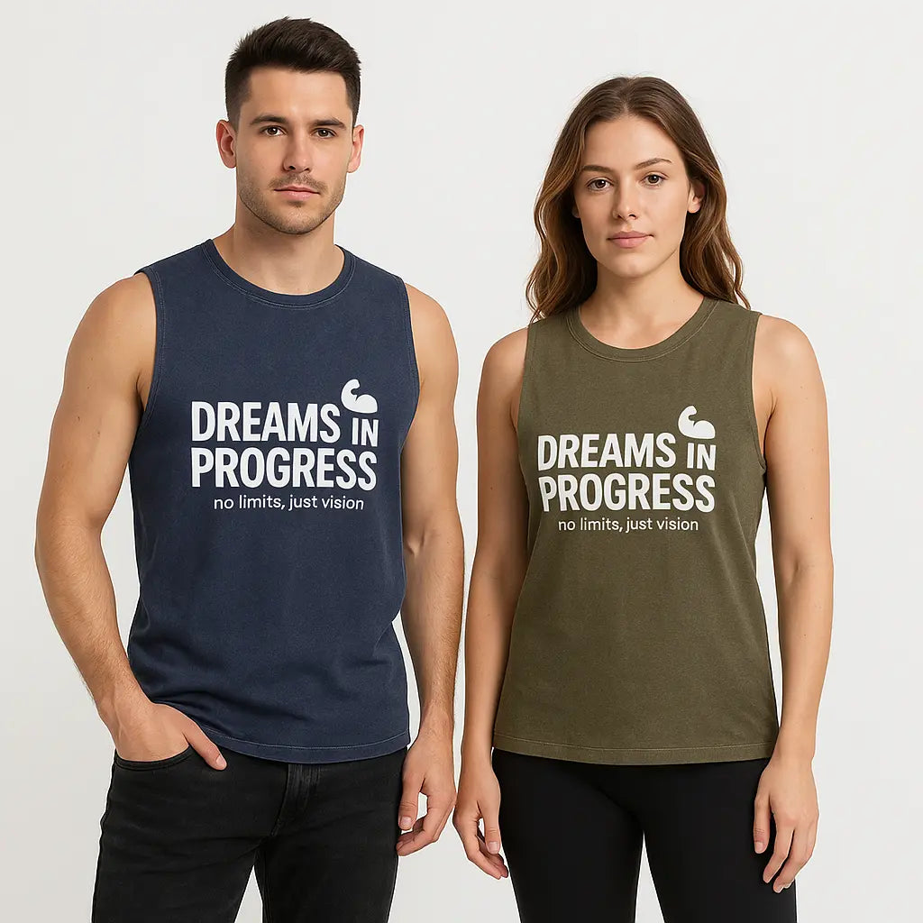 Close-up of inspirational print on stonewash tank top, ideal for gym or casual wear
