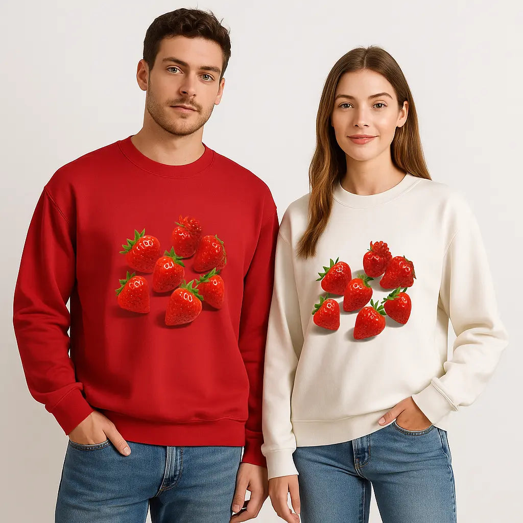 Unisex strawberry sweatshirt in red with realistic fruit print – cozy casual wear

