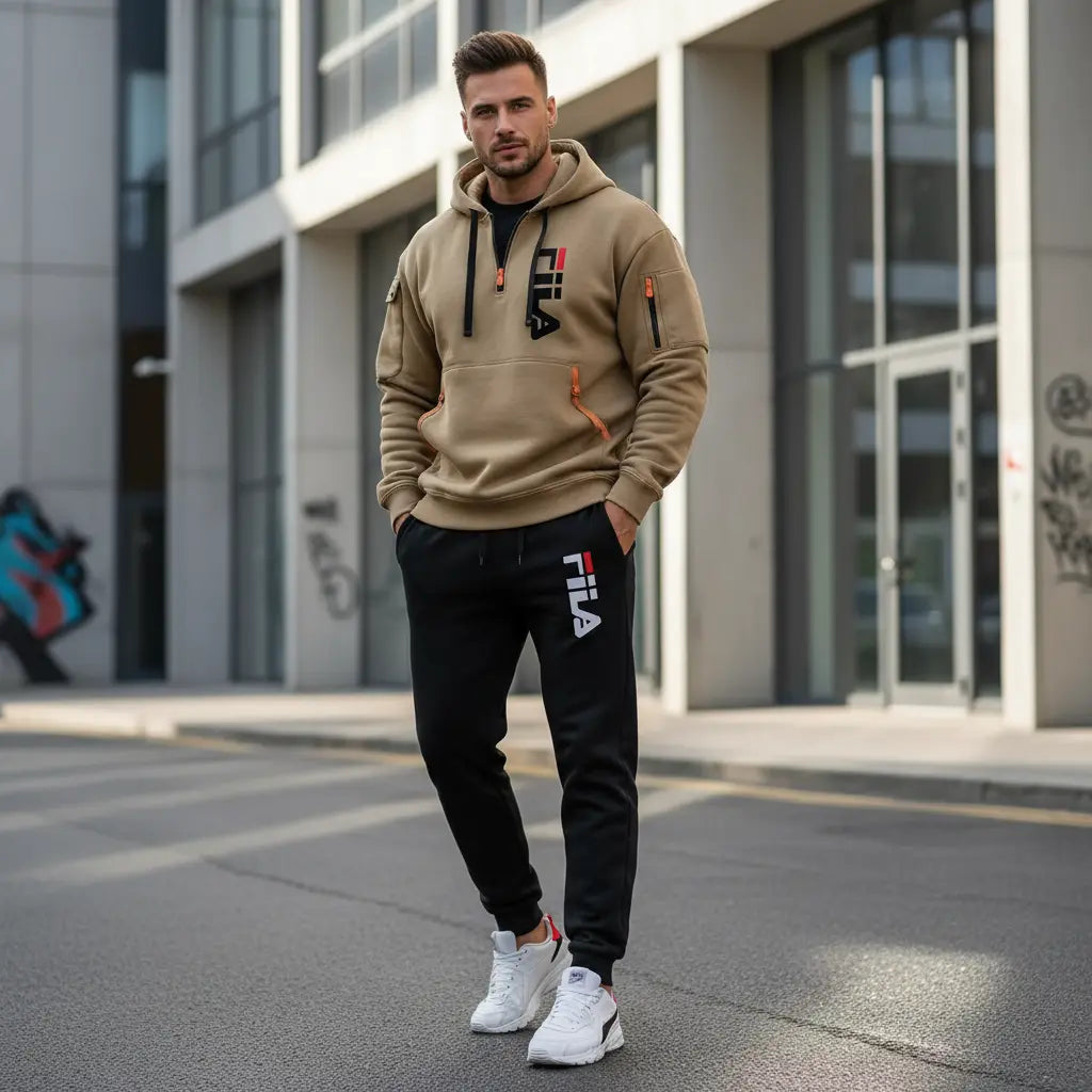 Men's Tracksuit Set: Elevate Your Jog in Style Zippered Hoodie and Joggers in Crisp Autumn Light