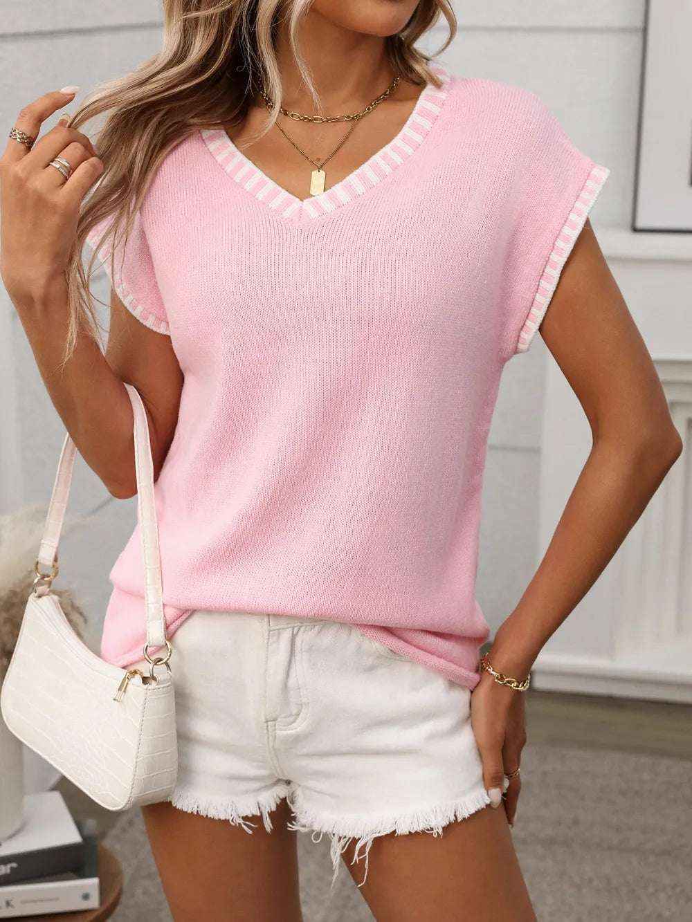 Contrast Trim V-Neck Knit Top for Women