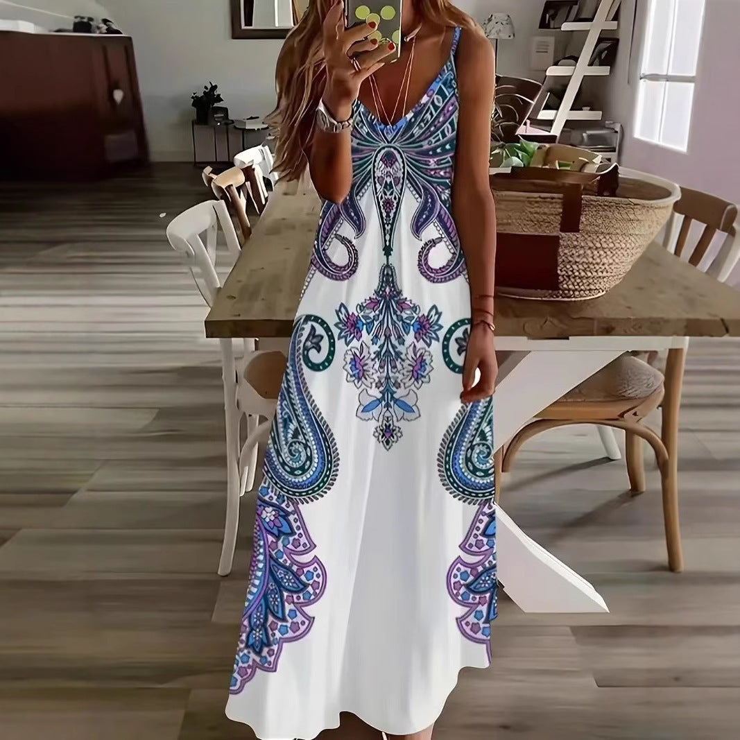 V-neck sleeveless dress – close-up of retro print and smooth polyester fabric on crisp white base