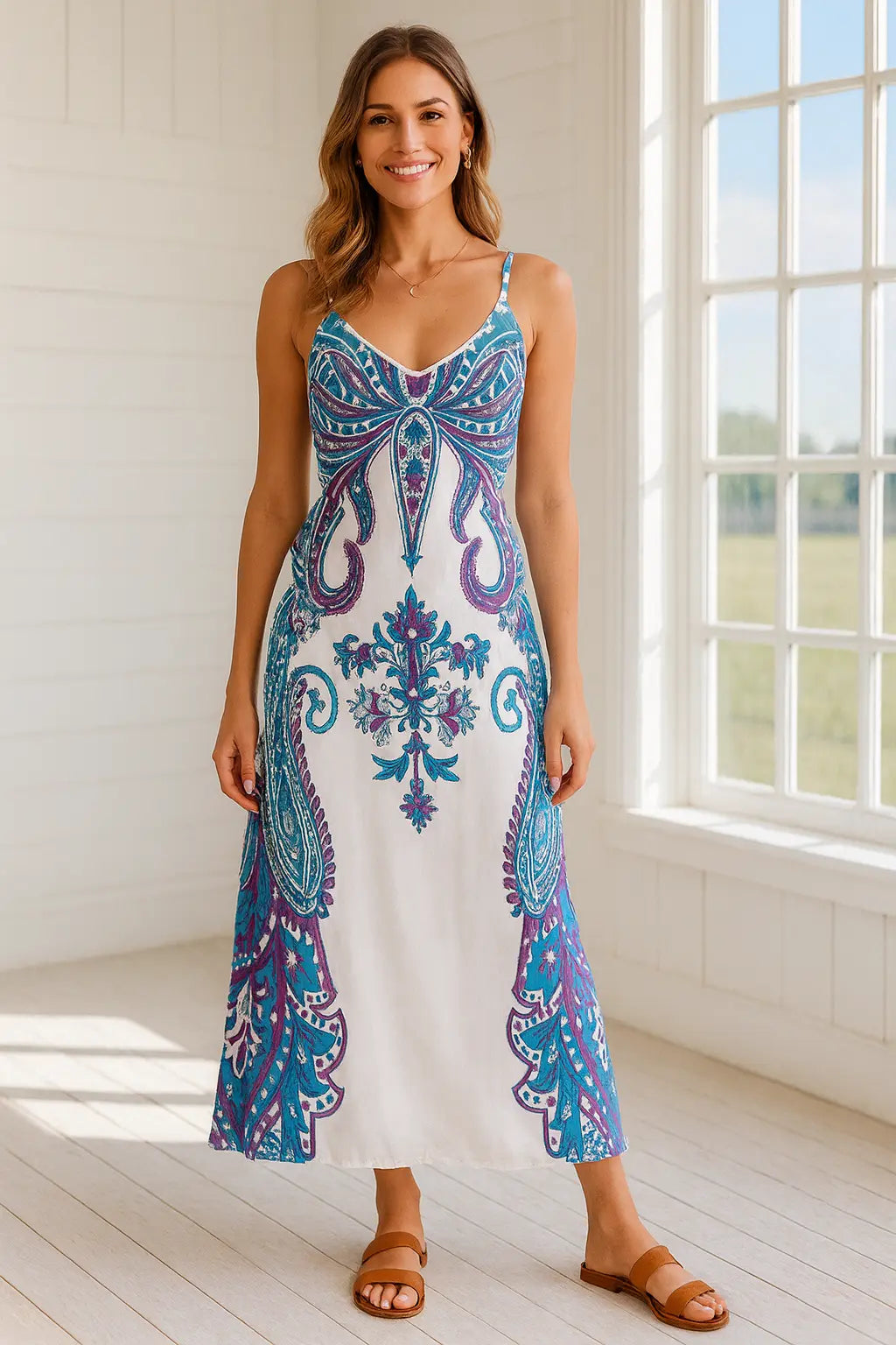 V-neck sleeveless dress – motion shot while walking, breezy drape and effortless warm-weather feel