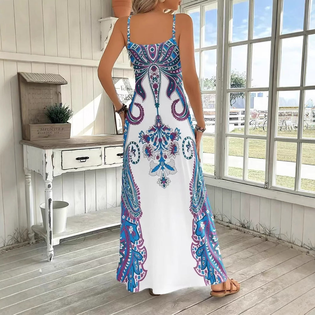 V-neck sleeveless dress – side profile with sling straps, airy drape, easy day-to-night styling