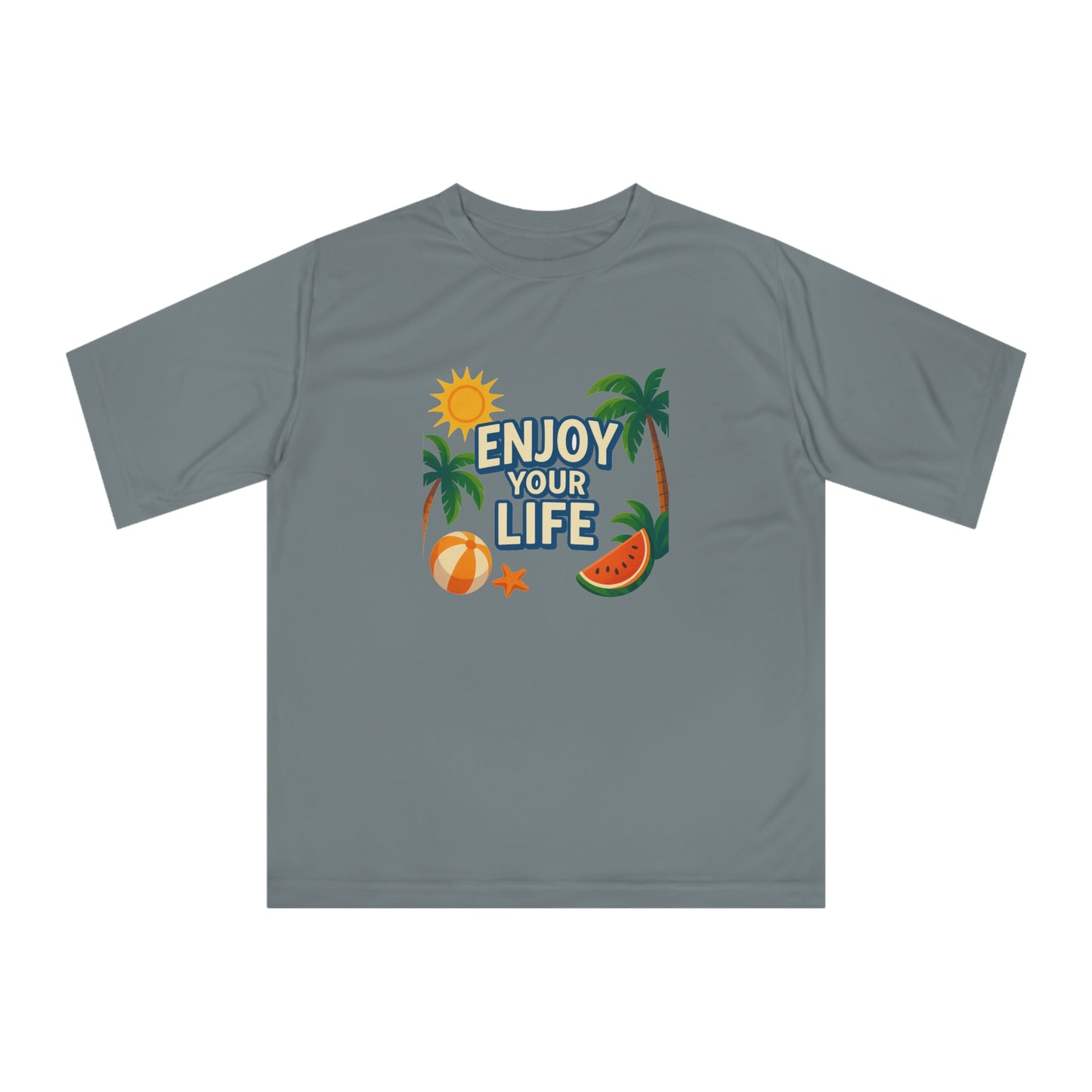 Vacation-ready performance tee styled for casual beachwear

