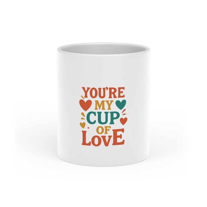 White mug with colorful &