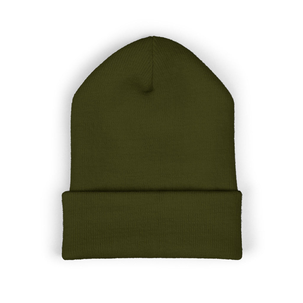 Folded embroidered beanie presented as a winter gift idea

