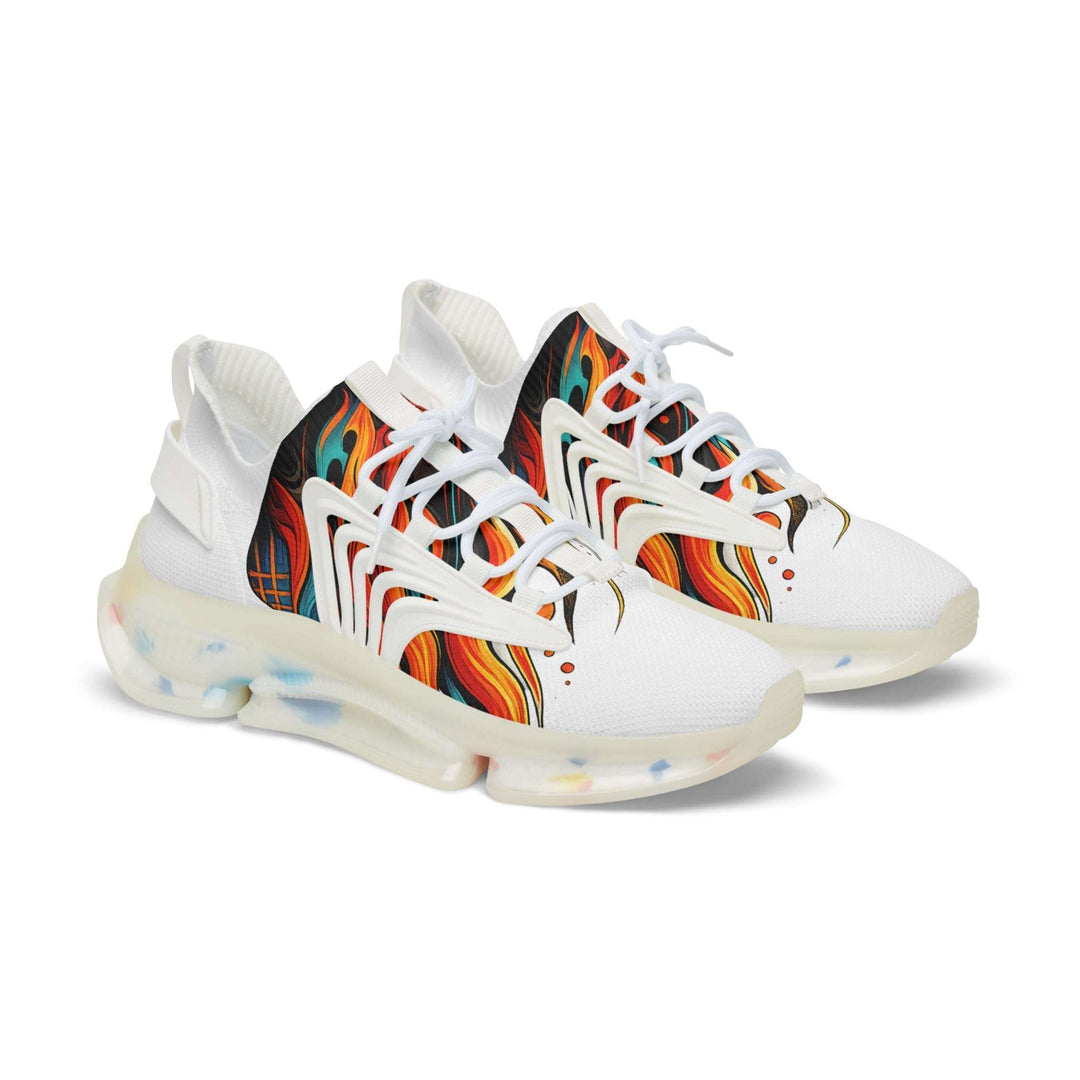 Men's white mesh sneakers with vibrant flame print