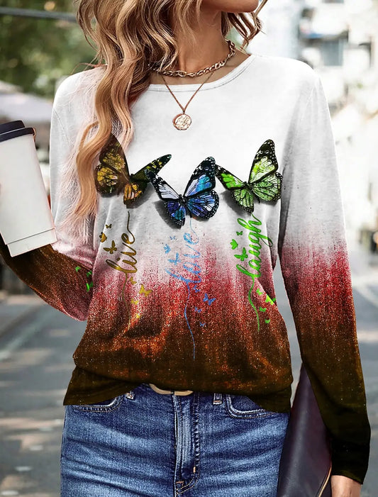 Vibrant Floral Butterfly 3D Print Long Sleeve T-Shirt on Smiling Woman in Autumn Park