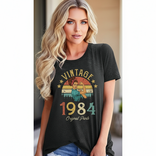 Vintage 1984 women’s top – dark gray front view party styling