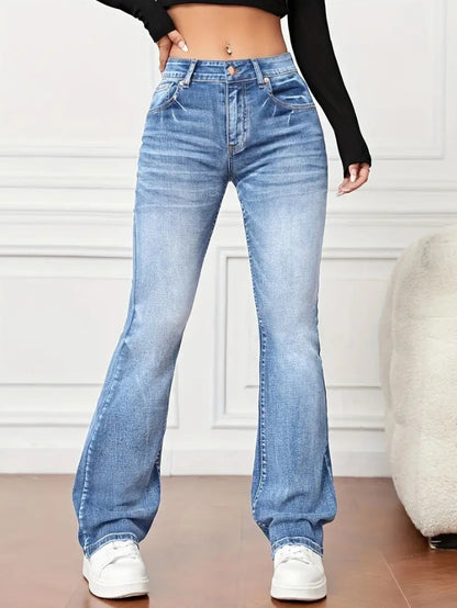 Walk pose – Denim High Waist Bootcut Jeans in light blue street style