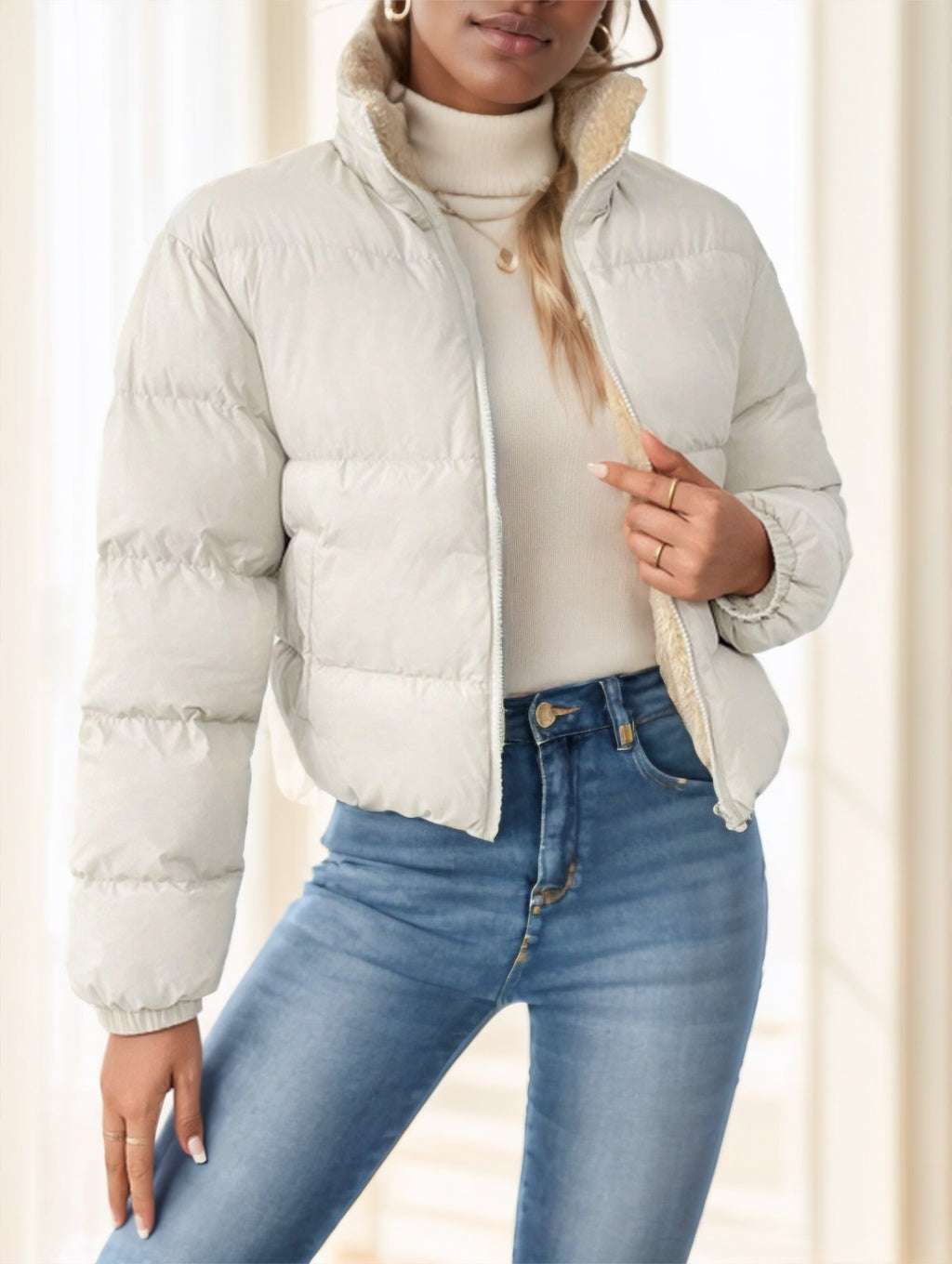 Hooded reversible puffer coat for women, full-length view

