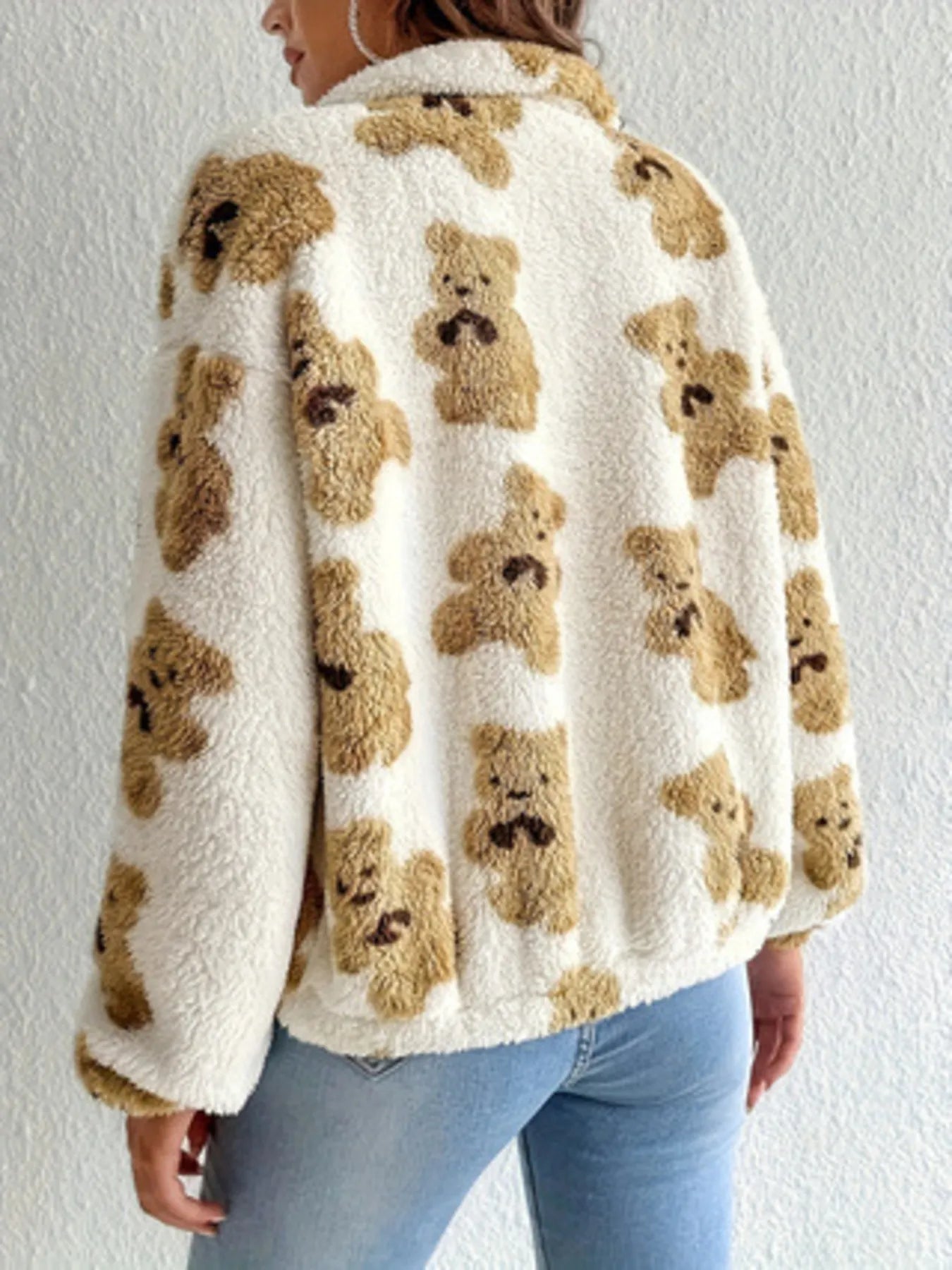 Weekend hike look – bear print fleece jacket layered over leggings