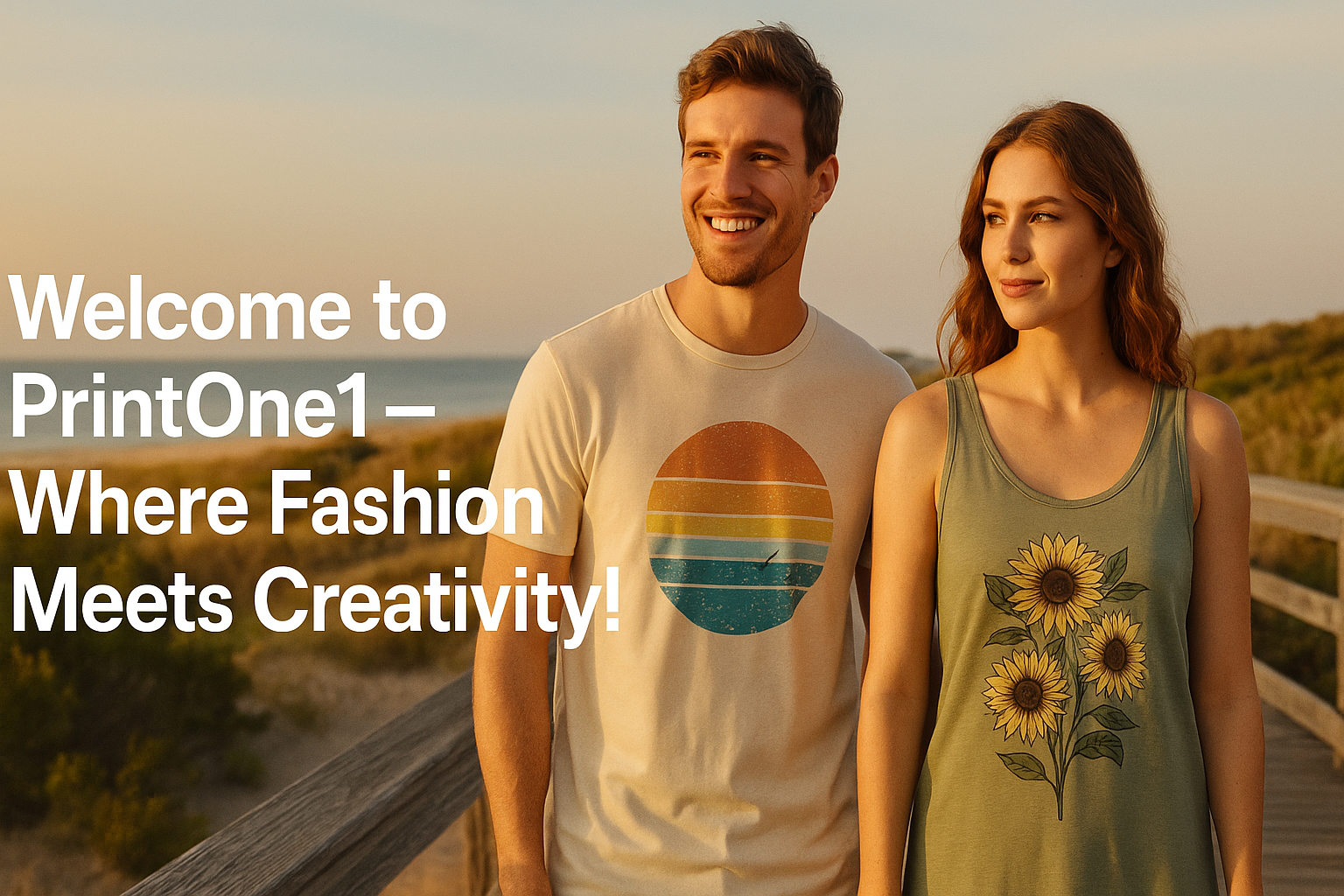 “Welcome to PrintOne1 - Where Fashion Meets Creativity” over couple in printed outfits

