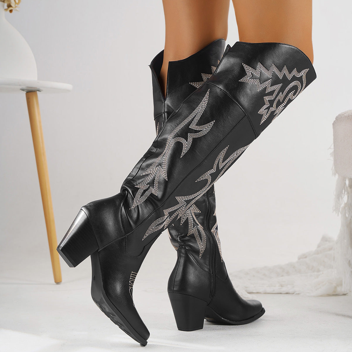 Western denim over-the-knee boots – fit shown on model, sizes 36–43