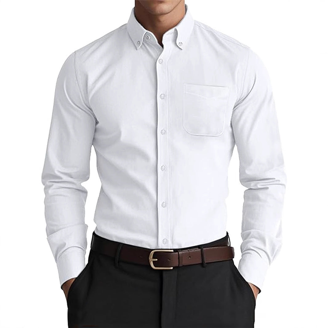 White Men's Pure Color Oxford Shirt - Casual Loose Fit with Linen-Cotton Durability