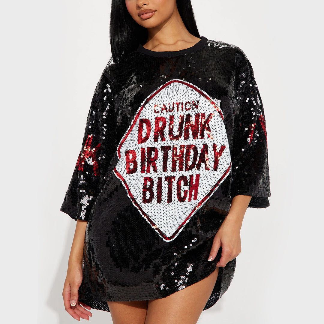 White Sequins T-Shirt Dress with Black Letter Embroidery – Loose Fit Hipster Sparkle