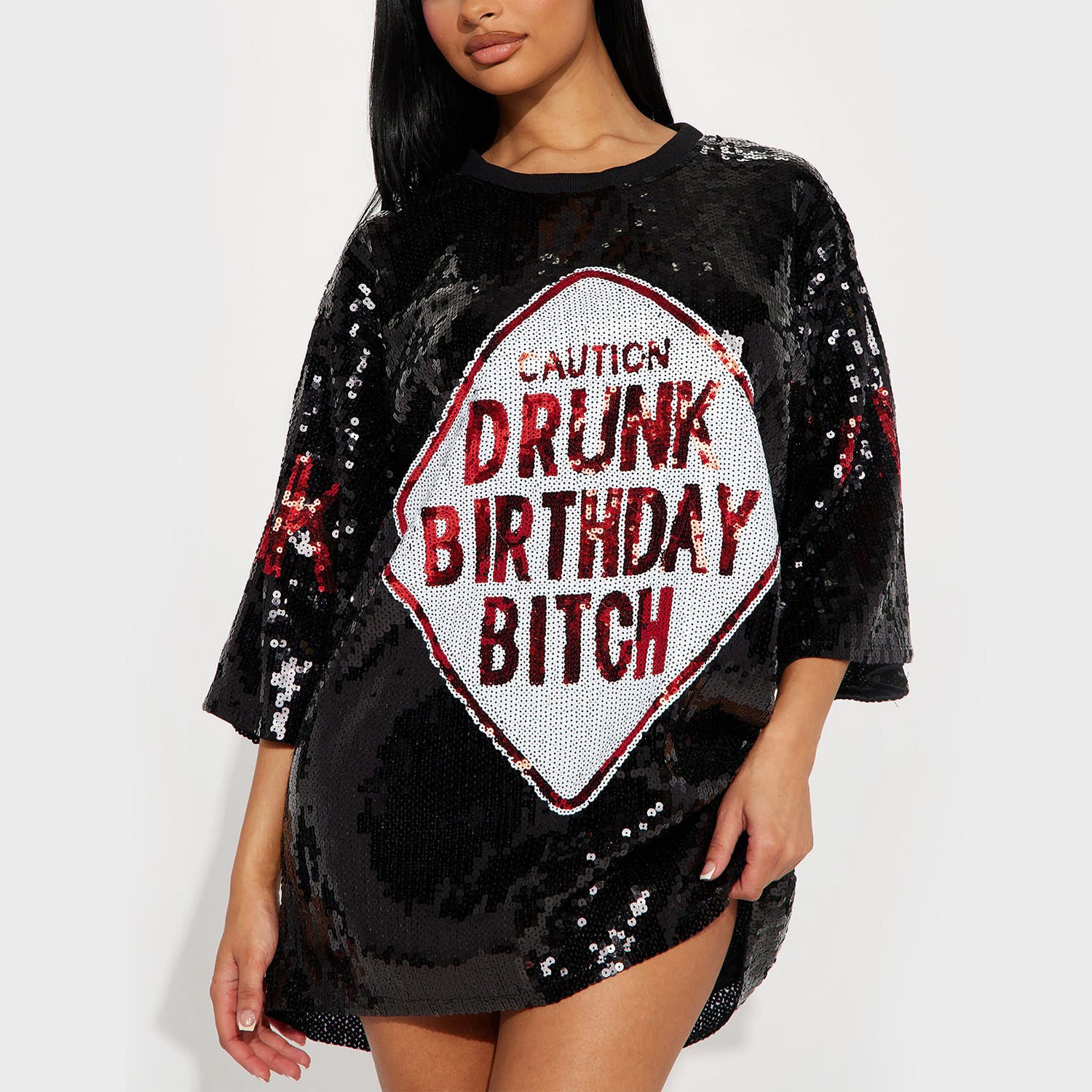 White Sequins T-Shirt Dress with Black Letter Embroidery – Loose Fit Hipster Sparkle