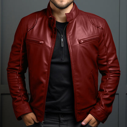 Wine red men’s motorcycle leather jacket – modern slim silhouette