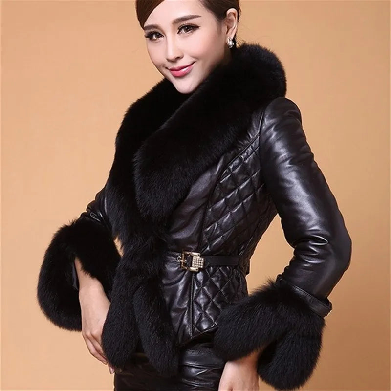 Winter 2024 release: short faux leather coat women with luxurious fox fur accent