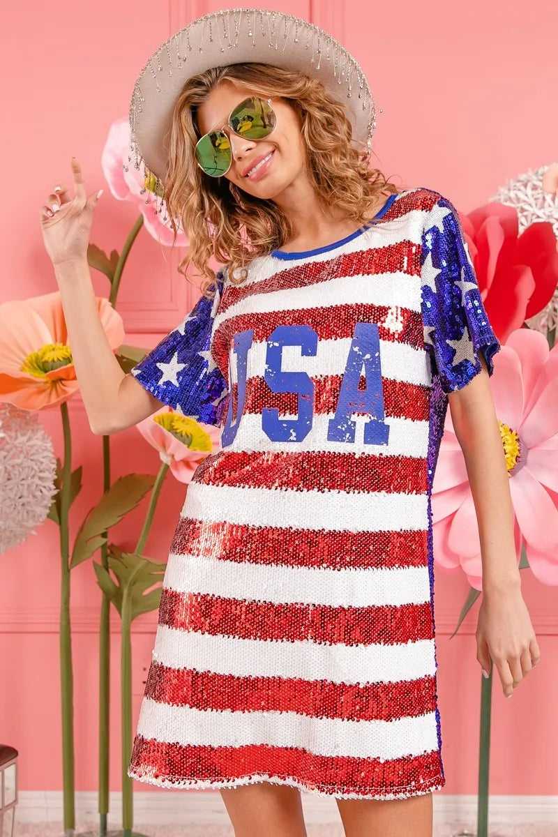 Woman at summer event in USA flag sequin dress


