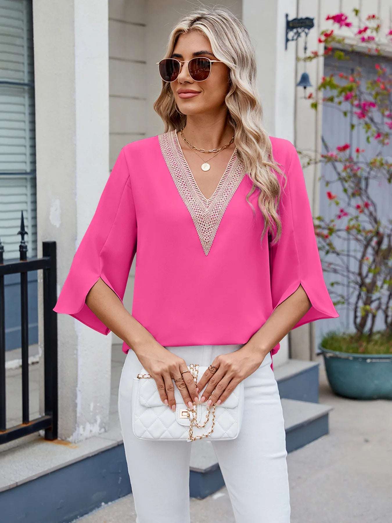 Machine-washable lace trim blouse for versatile outfits


