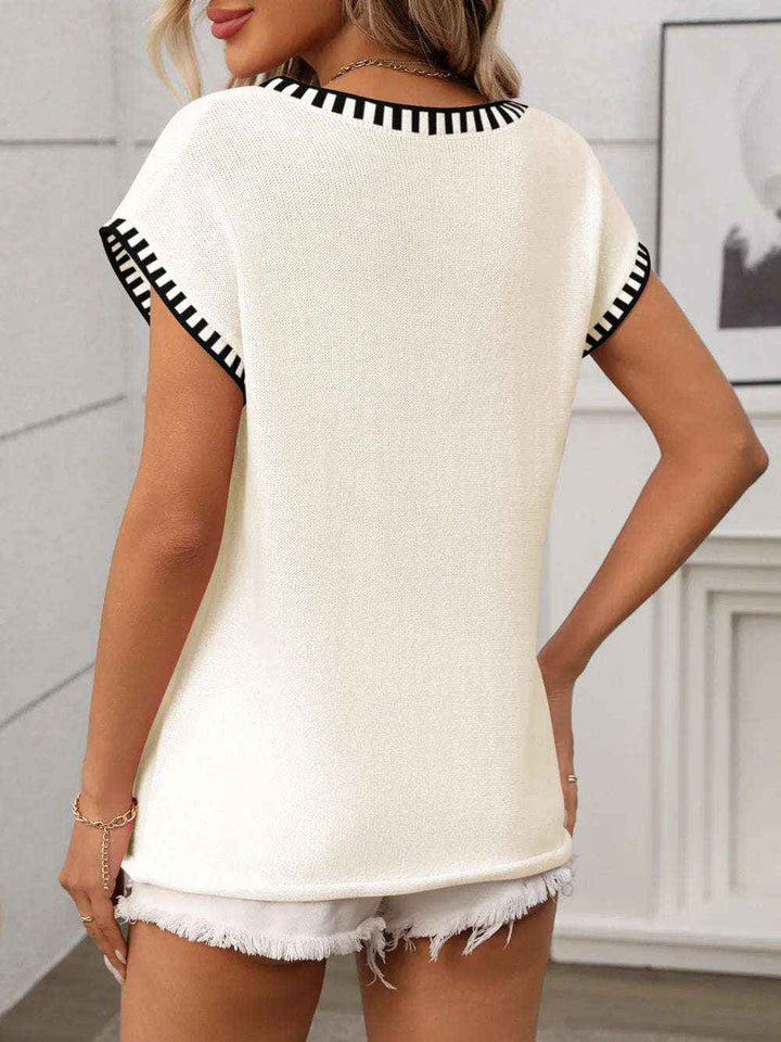 Contrast Trim V-Neck Knit Top for Women
