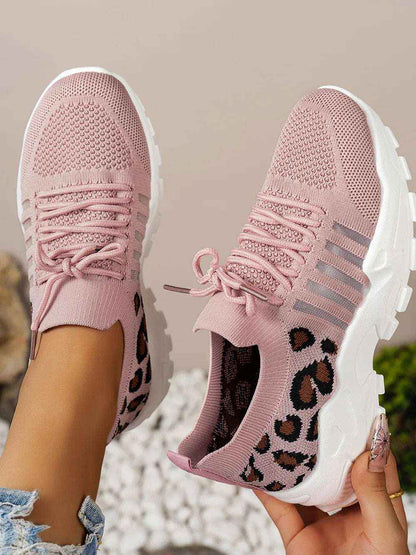 Leopard Cutout Mesh Lace-Up Sneakers - Stylish Flats