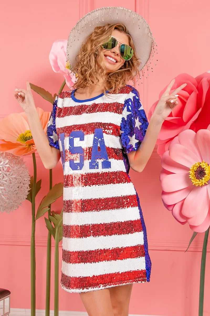 Woman wearing USA flag sequin dress celebrating July 4th

