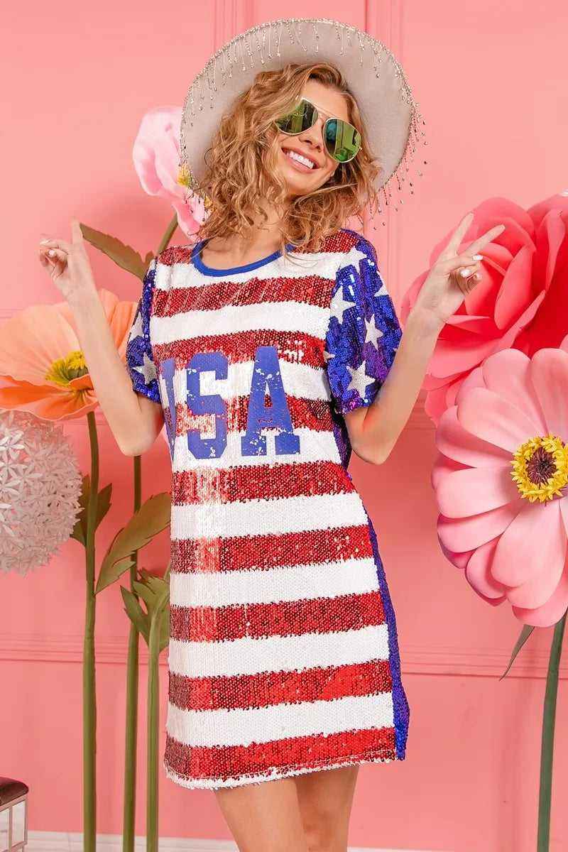 USA Flag Sequin Dress - Patriotic Sparkle for July 4th