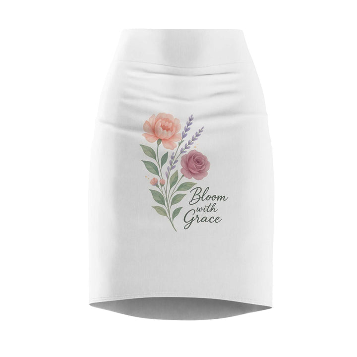 White pencil skirt with floral print and text design