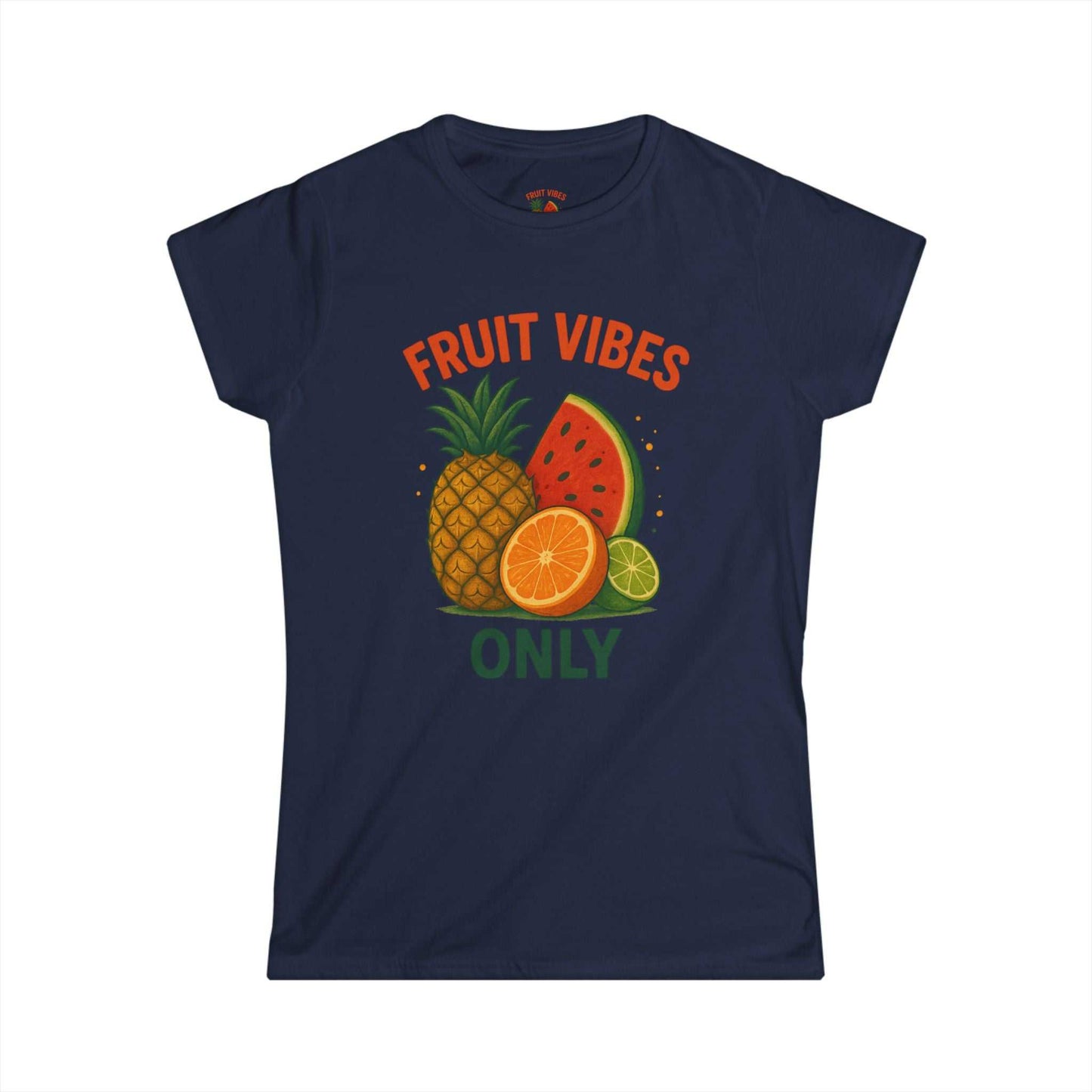 Navy women's tee with colorful fruit vibes print