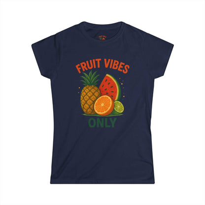 Navy women's tee with colorful fruit vibes print