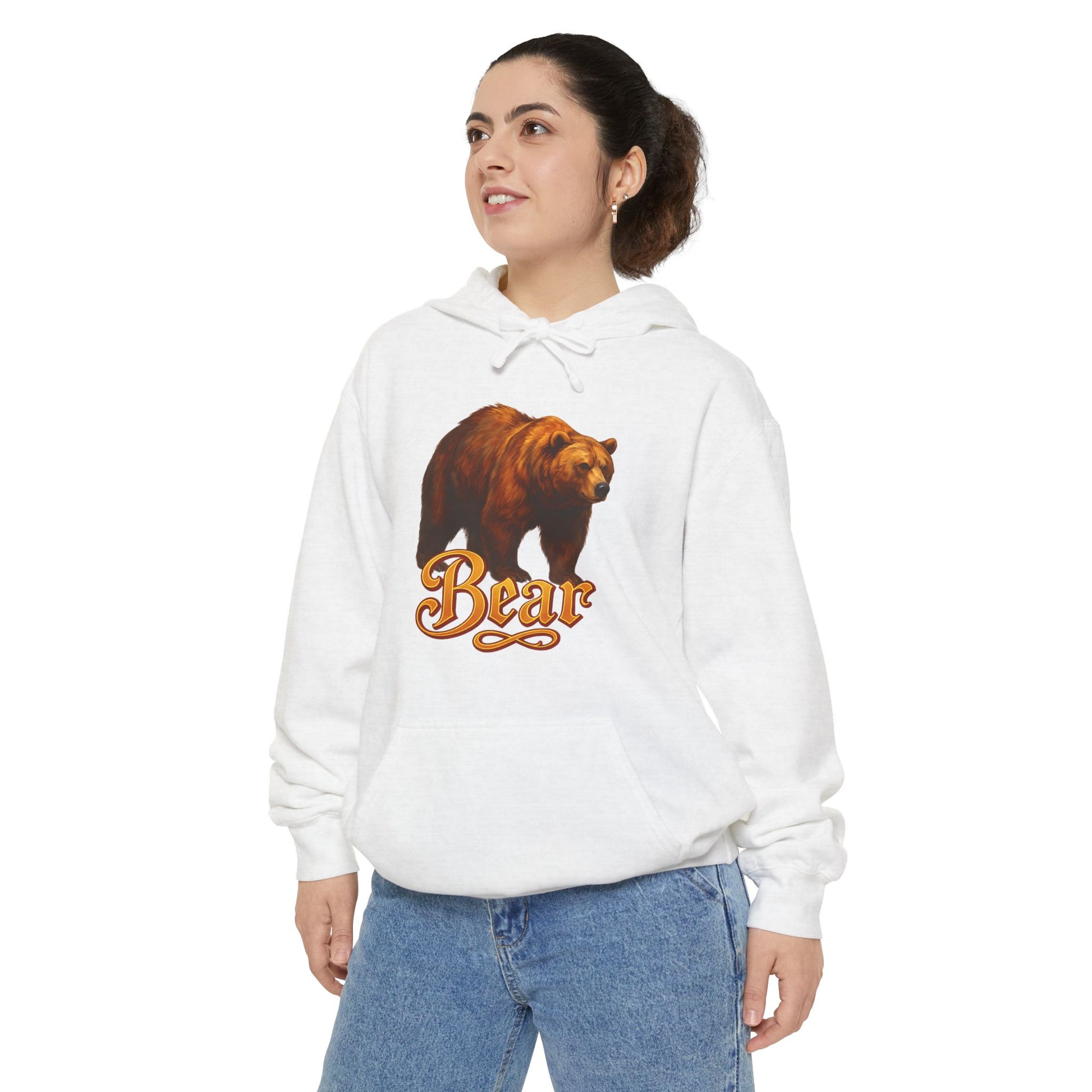 Woman modeling white Bear Graphic Hoodie, Unisex Sweatshirt styled for nature lovers

