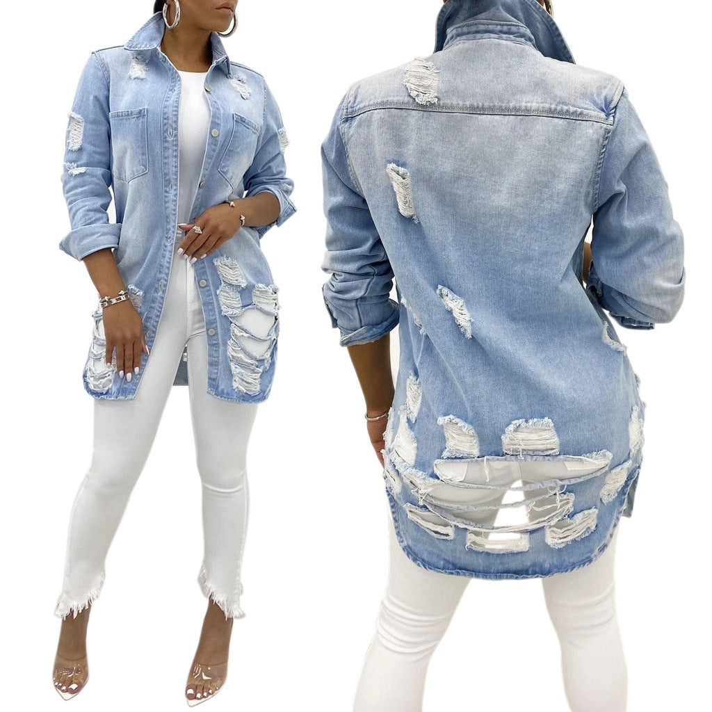 Woman on city street wearing Sexy Ripped Denim Jacket, capturing its edgy, chic spirit.

