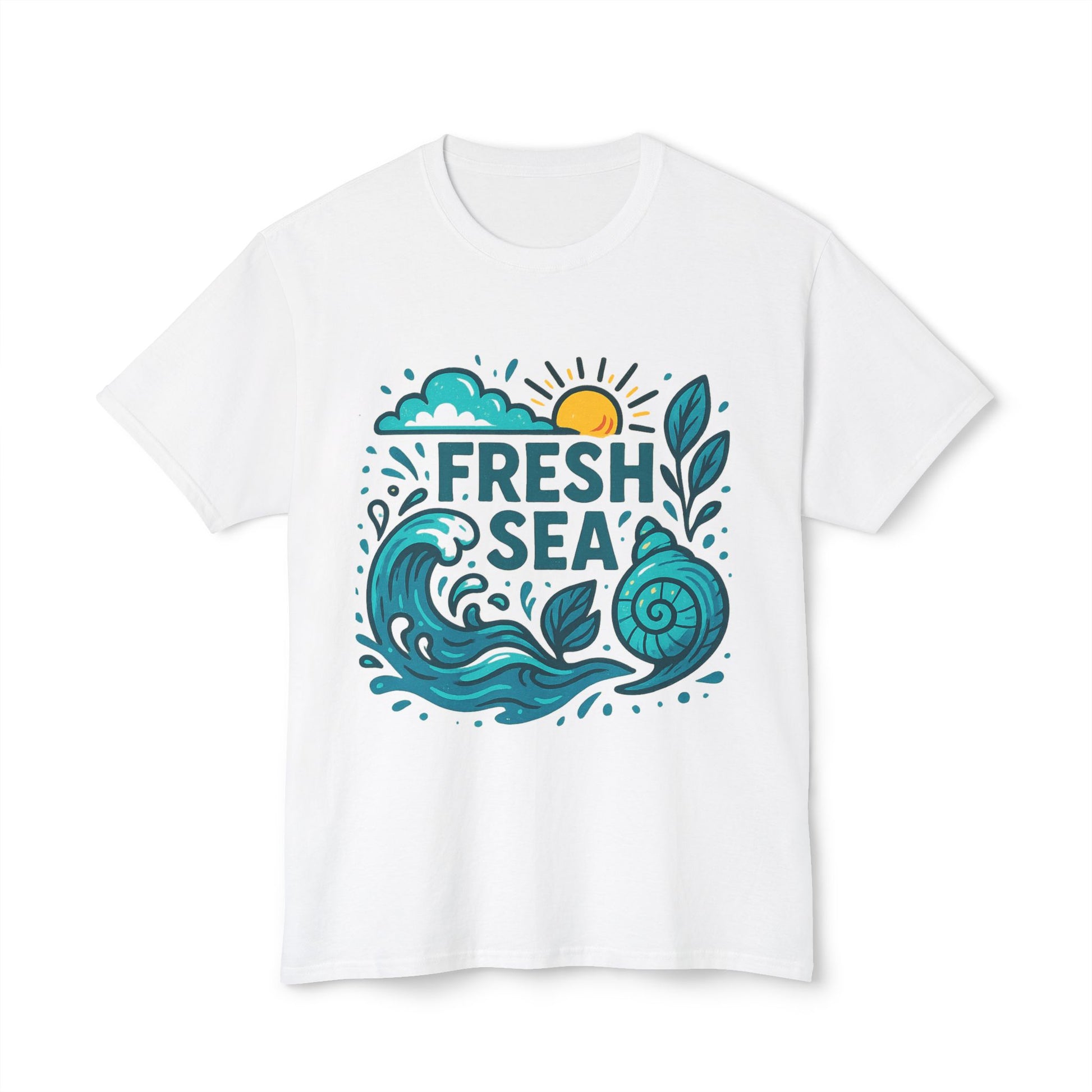 Woman wearing Fresh Sea shirt near seaside rocks

