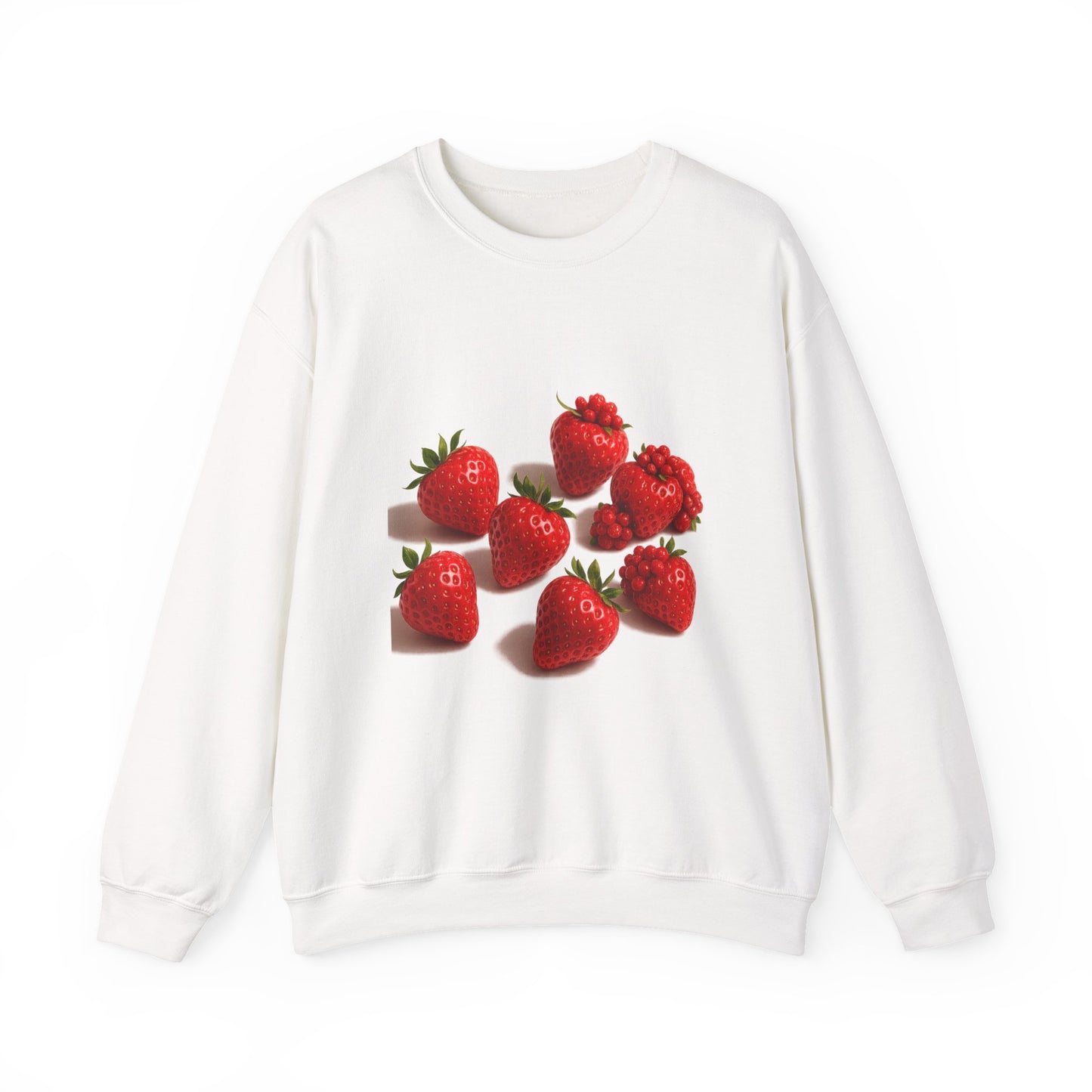 Woman wearing off-white crewneck with vibrant strawberry design – fall fashion

