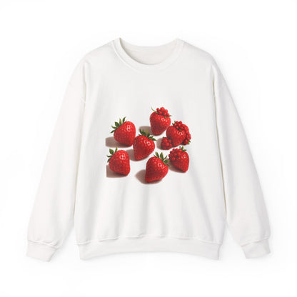 Woman wearing off-white crewneck with vibrant strawberry design – fall fashion

